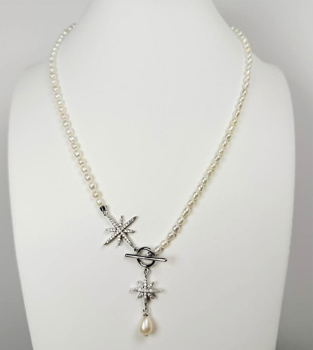 Genuine Freshwater Seed Pearls with Silver Toggle Clasp and Crystals
